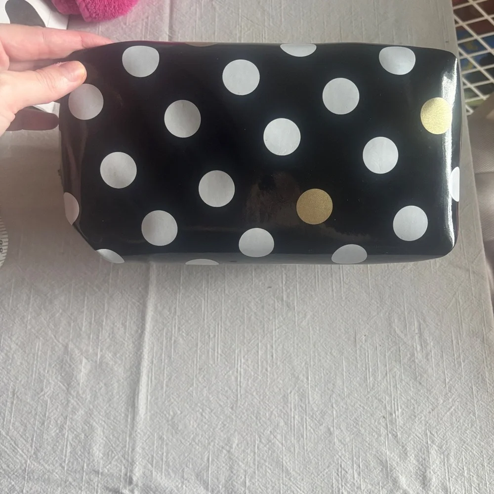 PINK Victoria's Secret Black Polka Dot Cosmetic Pouch with Gold Trim makeup